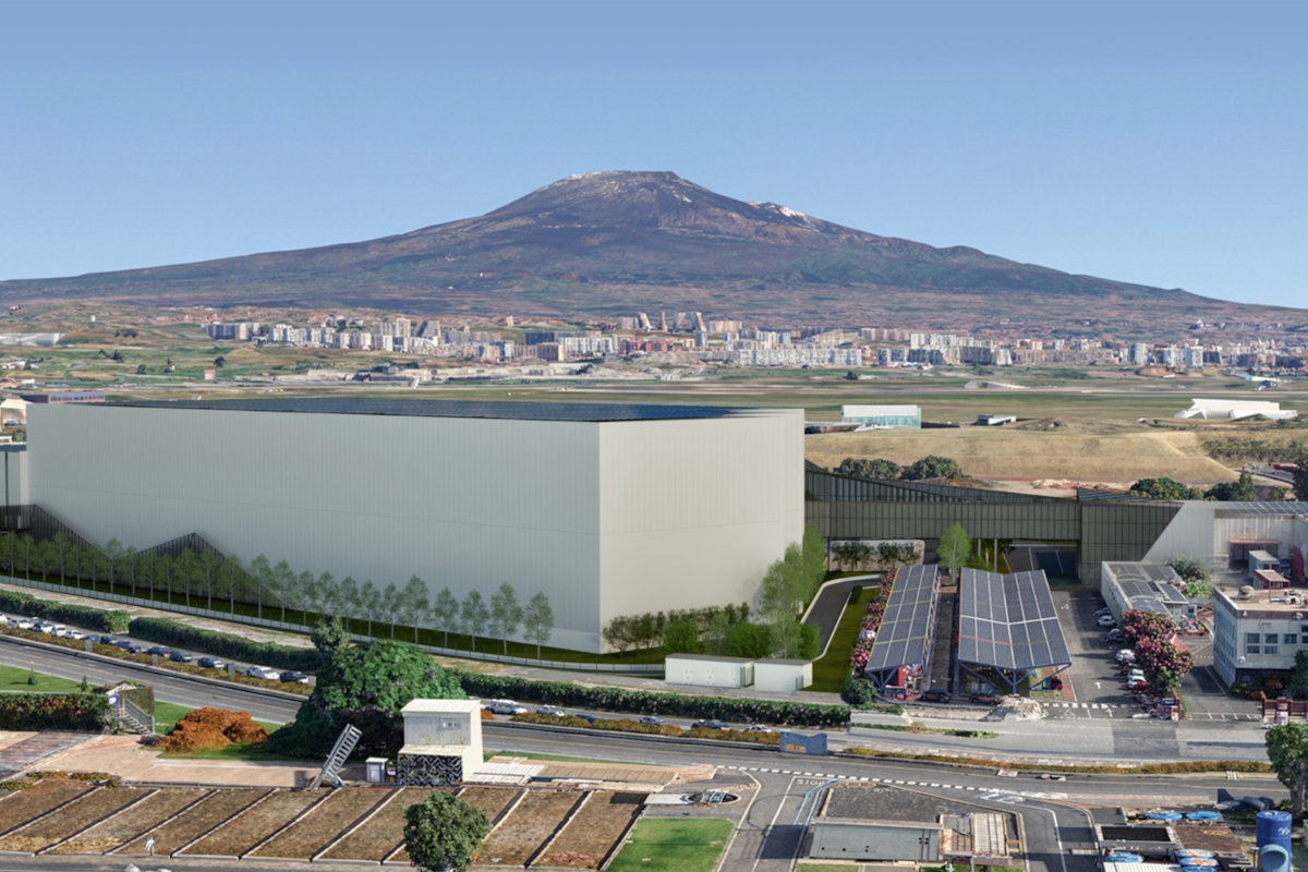 Render della nuova piattaforma logistica Sibeg Coca-Cola a Catania con vista panoramica sull'Etna.