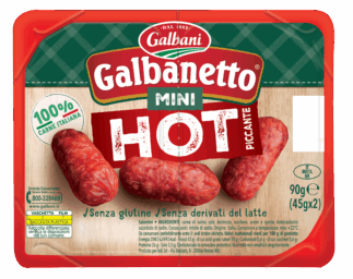 Confezione di Galbanetto Mini Hot piccante, salamino 100% carne italiana, senza glutine e senza derivati del latte.