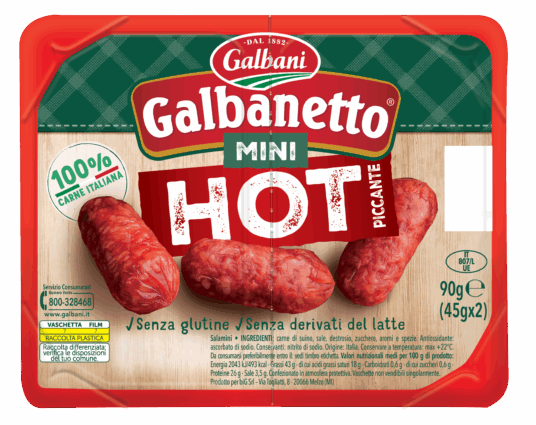 Confezione di Galbanetto Mini Hot piccante, salamino 100% carne italiana, senza glutine e senza derivati del latte.