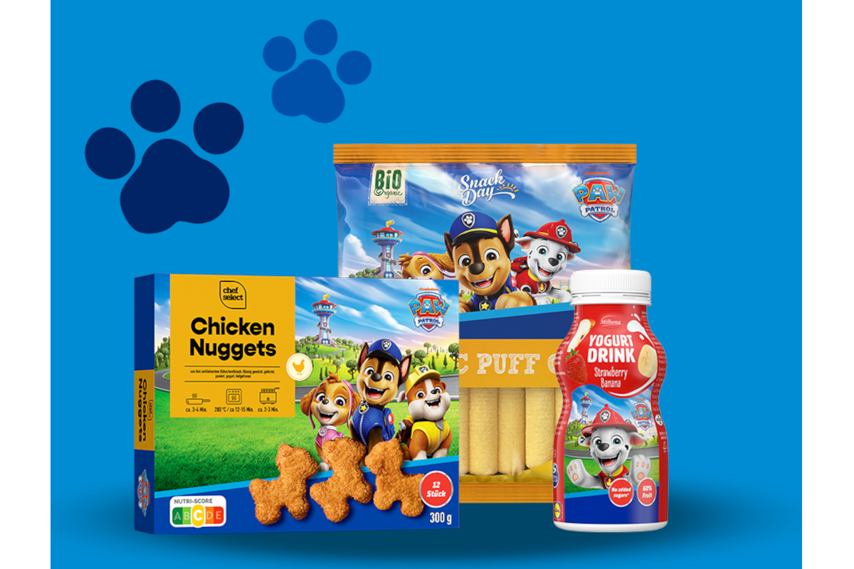Prodotti alimentari Lidl Italia con i personaggi PAW Patrol: chicken nuggets, snack bio e yogurt drink per bambini.