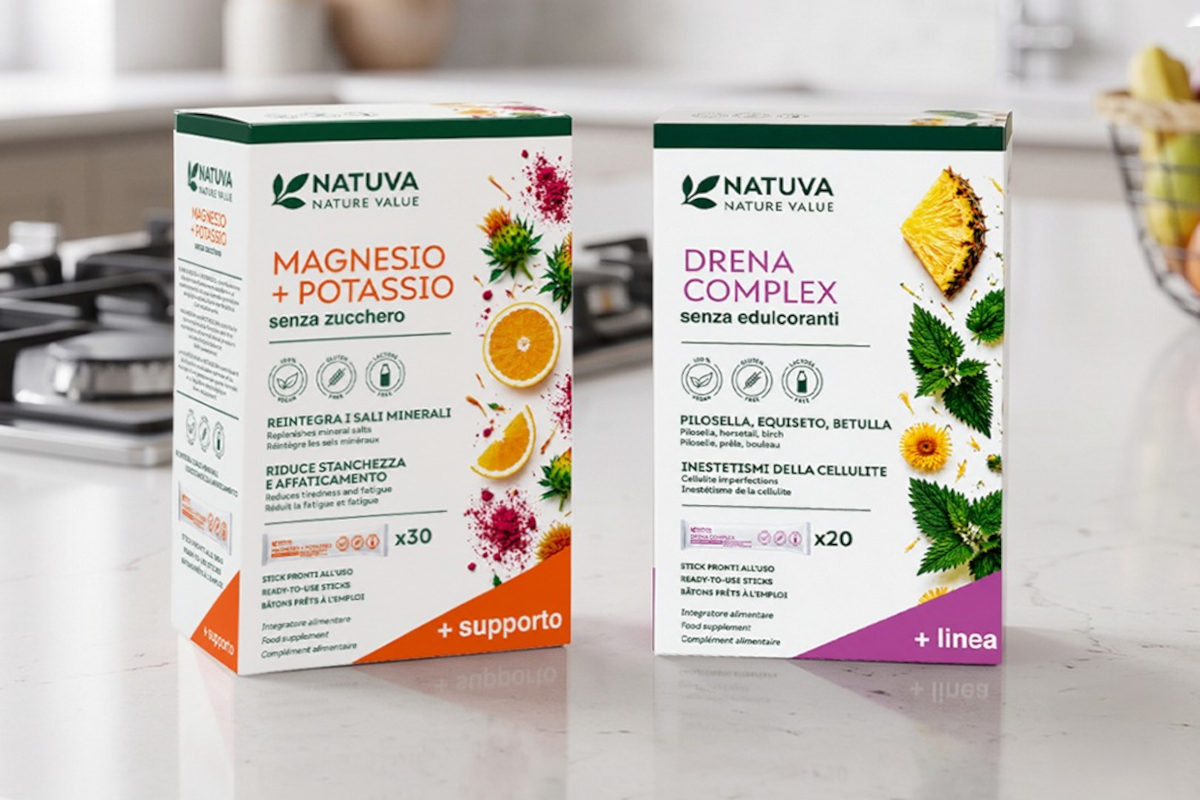 Confezioni di integratori Natuva Magnesio e Potassio e Drena Complex di Risparmio Casa su un piano cucina-NATUVA