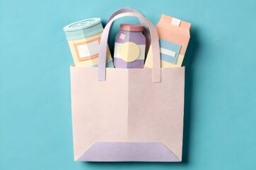 Borsa della spesa in carta con barattoli e confezioni di prodotti alimentari artigianali su sfondo azzurro.
