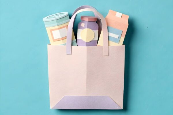 Borsa della spesa in carta con barattoli e confezioni di prodotti alimentari artigianali su sfondo azzurro.