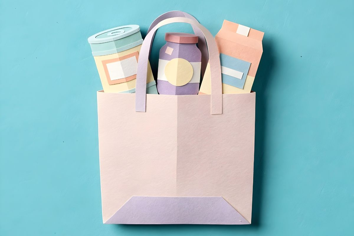 Borsa della spesa in carta con barattoli e confezioni di prodotti alimentari artigianali su sfondo azzurro.