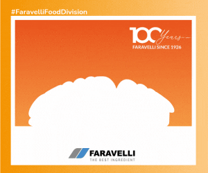 Banner arancione Faravelli Food Division, 100 anni dal 1926, sagoma bianca di hamburger e logo Faravelli.