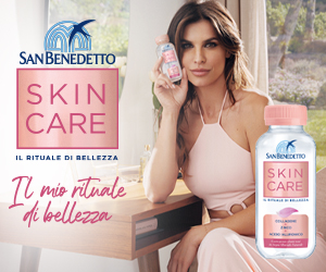 Banner San Benedetto Skin Care: donna con bottiglia di acqua funzionale con collagene, zinco e acido ialuronico.