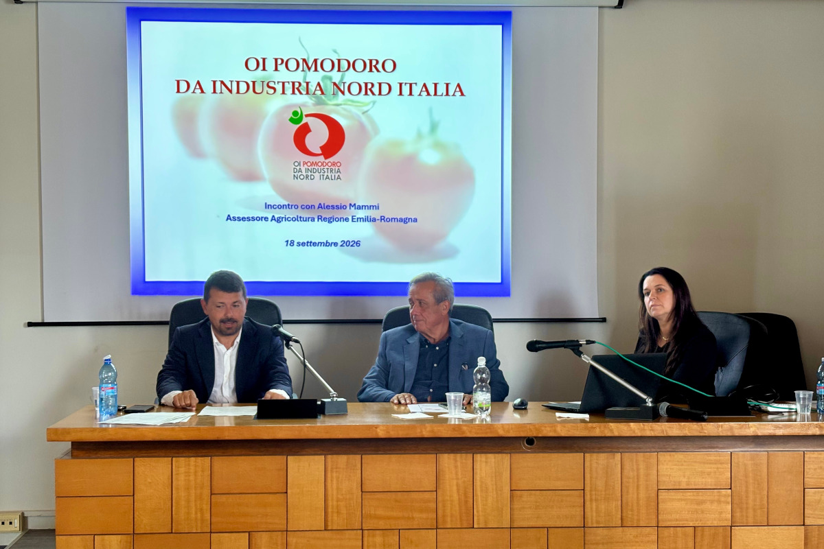 Alessio Mammi, Giuseppe Romanini e Maria Chiara Cavallo all'incontro OI Pomodoro Nord Italia ed Emilia-Romagna