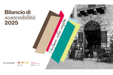 Bilancio di sostenibilità 2025 F.G. Holding: grafica con strisce colorate e bottega storica in bianco e nero