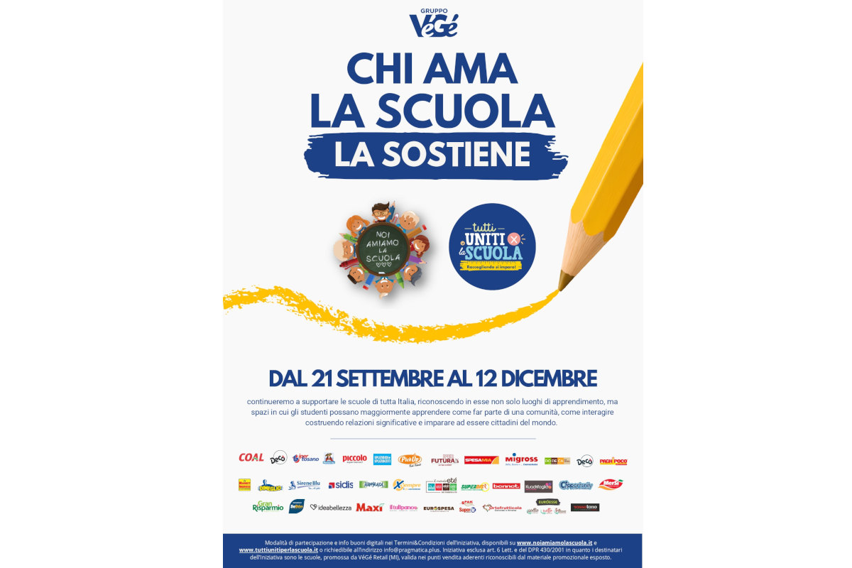 Manifesto Gruppo VéGé Noi Amiamo la Scuola 2026: matita gialla, slogan Chi ama la scuola la sostiene e date 21 settembre-12 dicembre.