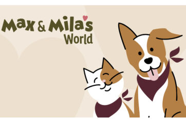 Logo Max & Mila's World, nuova private label Lidl pet food, con cane e gatto felici: cibo per animali domestici