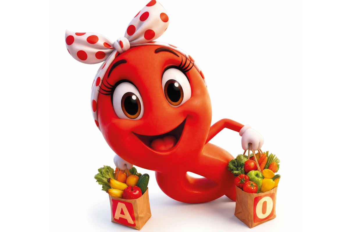 AOlina, la mascotte rossa di A&O Selex, sorridente con fiocco a pois, tiene due sacchetti di spesa pieni di verdura. - Selex