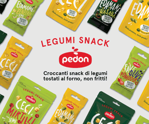 Banner Pedon Legumi Snack: sfondo con confezioni di snack croccanti di legumi tostati al forno, non fritti
