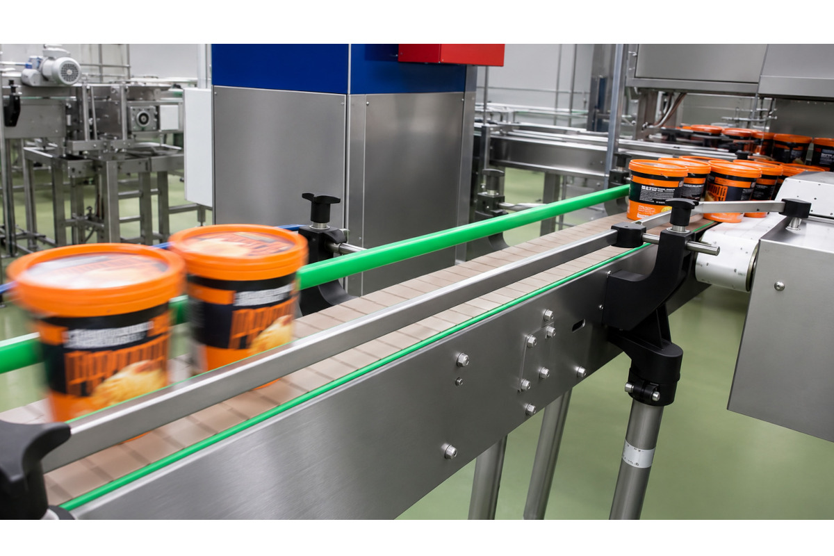 Produzione Tonitto 1939: vasetti di gelato su nastro trasportatore nello stabilimento industriale