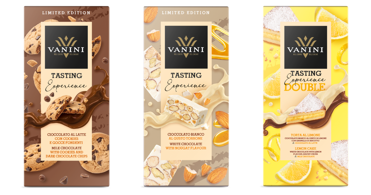 Tre tavolette di cioccolato Vanini Limited Edition: latte con cookies, bianco al torrone e torta al limone.