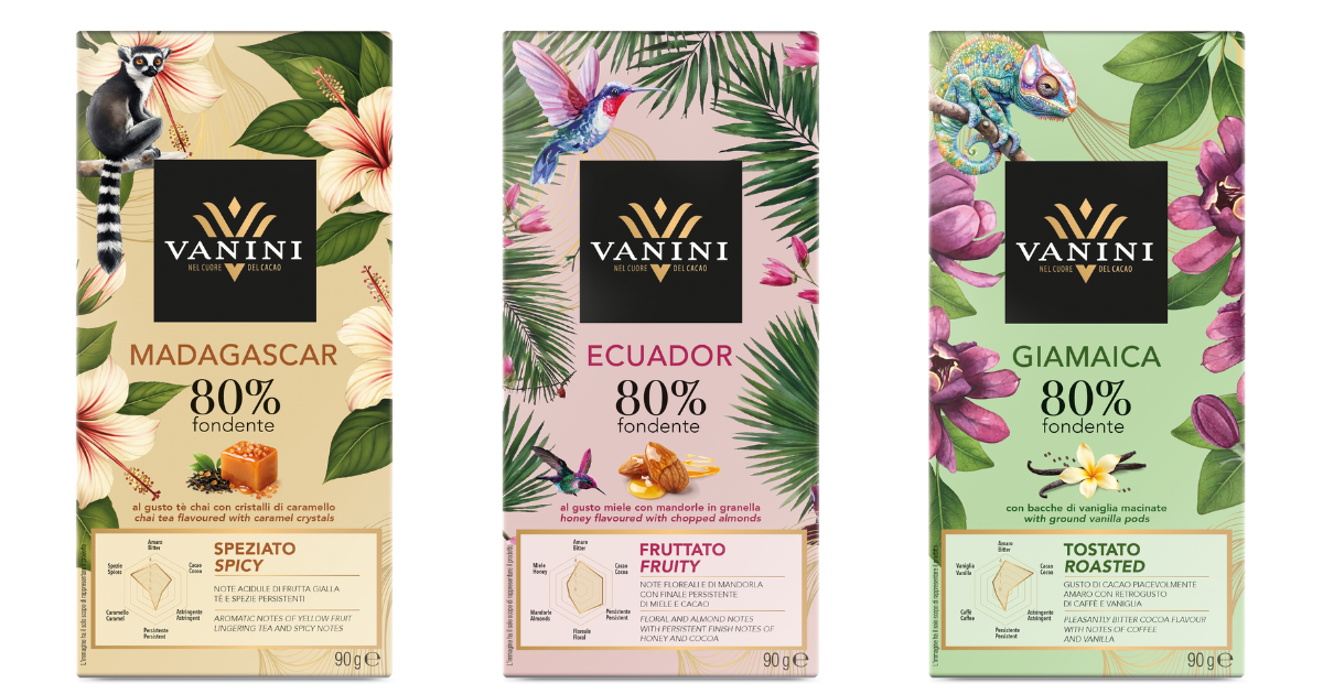 Tre tavolette di cioccolato fondente 80% Vanini ICAM: Madagascar, Ecuador e Giamaica con illustrazioni botaniche e animali.