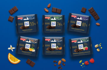 Ritter Sport Nuovo Fondente: 6 varianti di cioccolato fondente 55%, 74% e 81% con arancia, caffè, mandorla, lampone e pistacchio.