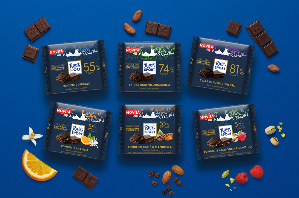 Ritter Sport Nuovo Fondente: 6 varianti di cioccolato fondente 55%, 74% e 81% con arancia, caffè, mandorla, lampone e pistacchio.