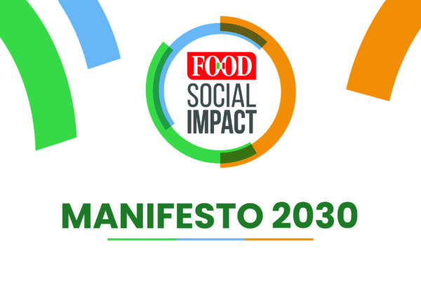 Logo Food Social Impact e scritta Manifesto 2030: simbolo di sostenibilità e impegno sociale per il futuro del cibo.