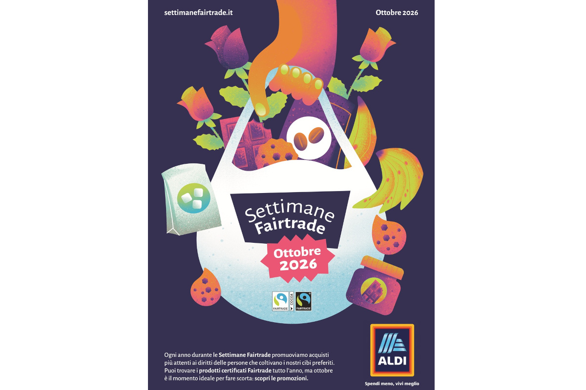 Settimane Fairtrade 2026: borsa con prodotti sostenibili e logo Aldi, a conferma della partnership.