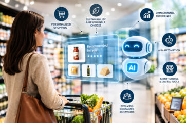 Cliente al supermercato con carrello e assistente AI che mostra suggerimenti personalizzati: trend retail e intelligenza artificiale