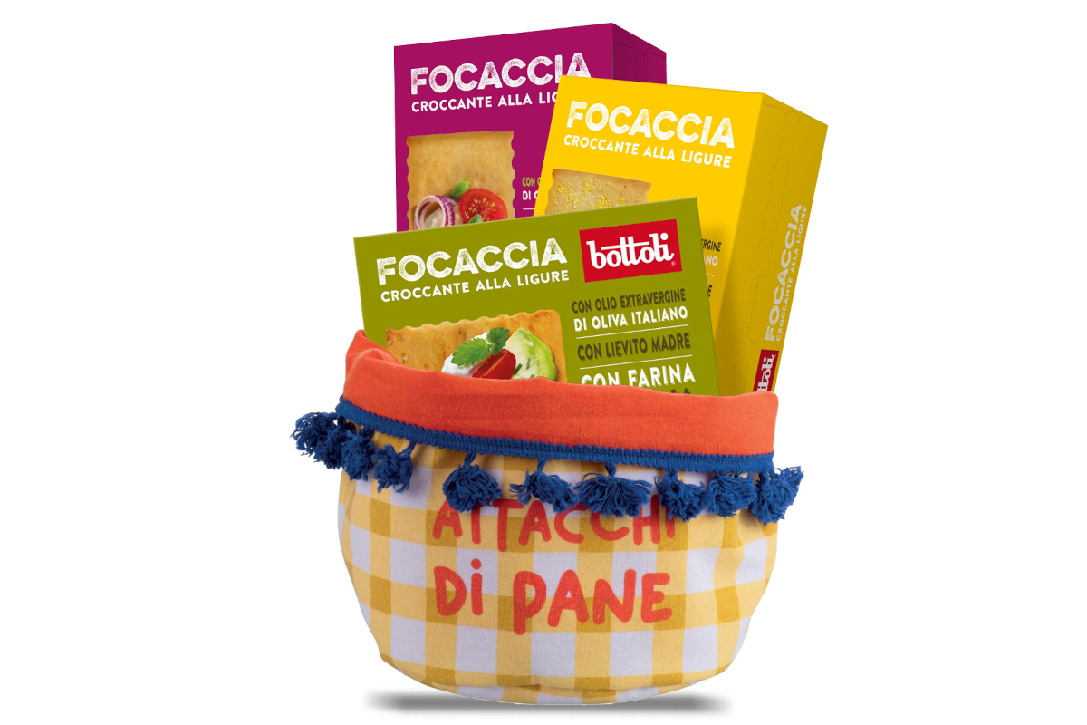 Cesto Attacchi di Pane con focacce croccanti Bottega Bontà: box Focaccia alla Ligure, sfoglie croccanti e pomodorini