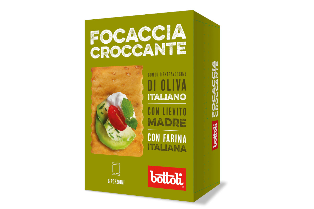 Confezione Bottoli Focaccia Croccante di oliva italiano con lievito madre e farina italiana, 6 porzioni.