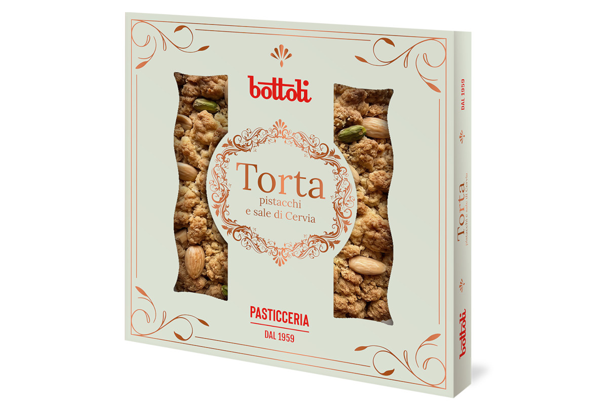 Confezione torta Bottoli pistacchi e sale di Cervia, dettagli di mandorle e pistacchi visibili