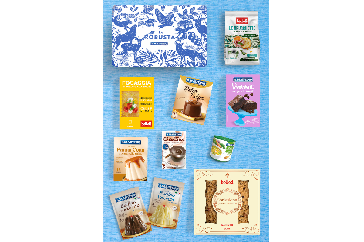 Chef Box San Martino con panettoncini, budini, panna cotta, focaccia e biscotti: selezione di dolci italiani.