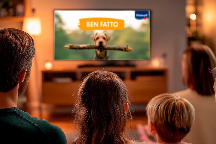 Famiglia guarda in TV la campagna snack Vitakraft Ben Fatto con cane e ramo