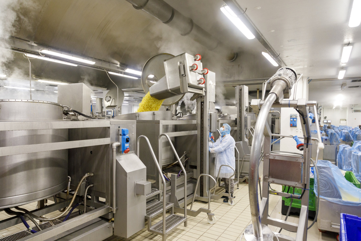 Produzione industriale del pure DimmidiSì: operaio in camice bianco tra macchinari in acciaio inox