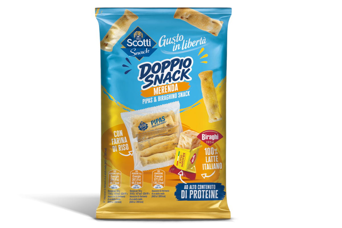 Confezione Doppio Snack Riso Scotti e Biraghi: merenda con pipas e snack al latte italiano, ricca di proteine.