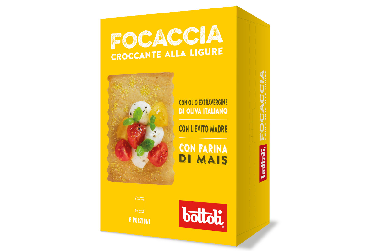 Confezione gialla Focaccia Croccante alla Ligure Bottoli con farina di mais, pomodorini e mozzarella.