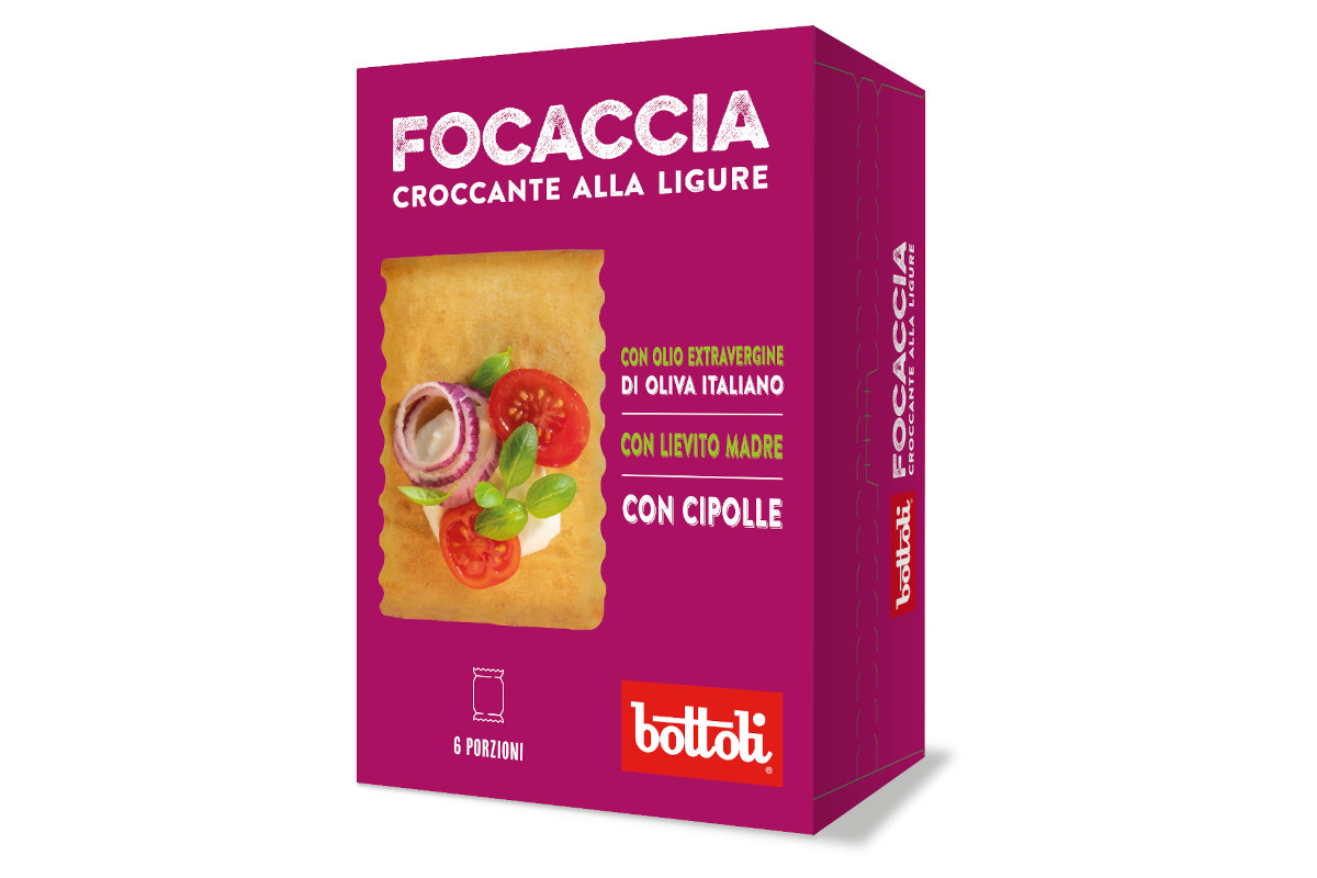 Confezione Focaccia Croccante alla Ligure Bottoli con cipolle, pomodoro e olio extravergine di oliva italiano.