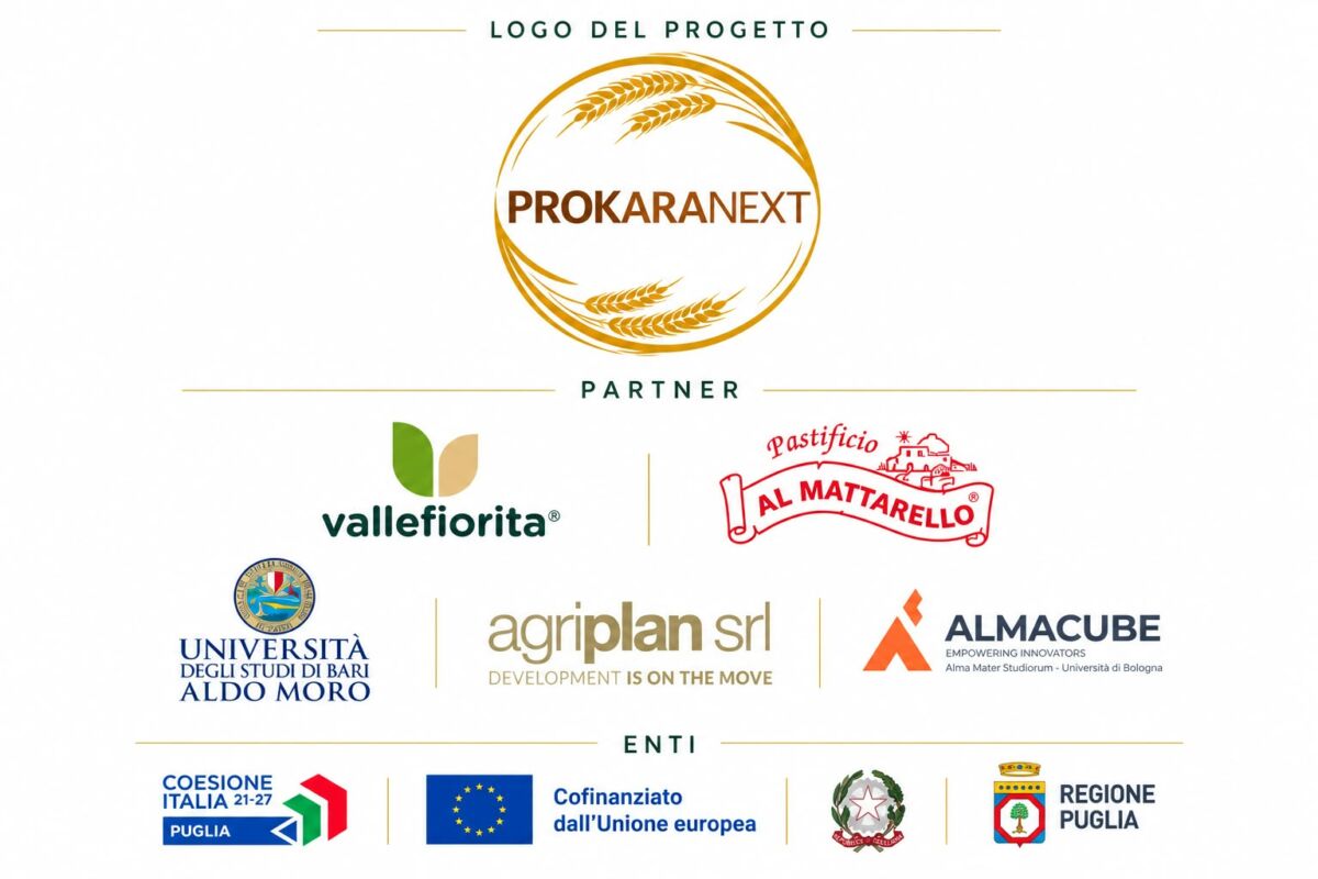 Logo PROKARANEXT e partner Valle Fiorita, Al Mattarello, Agriflan, Almacube per upcycling nei prodotti da forno