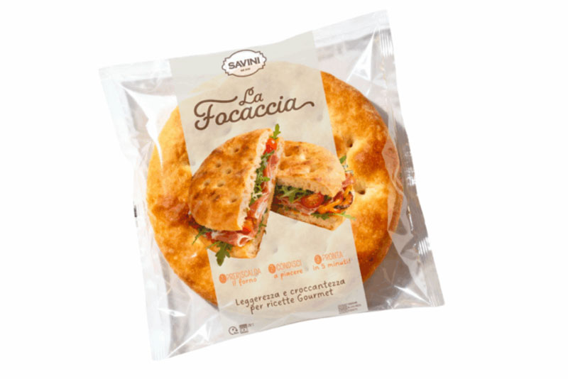 Focaccia Savini farcita in confezione, prodotto premiato agli Italian Food Awards 2026.