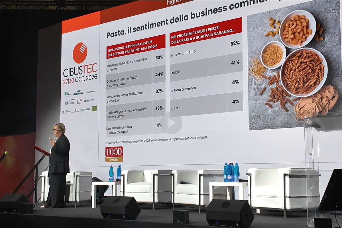 Presentazione CIBUS 2026 sull'andamento della pasta: sfide di mercato, prezzi e export con immagini di pasta