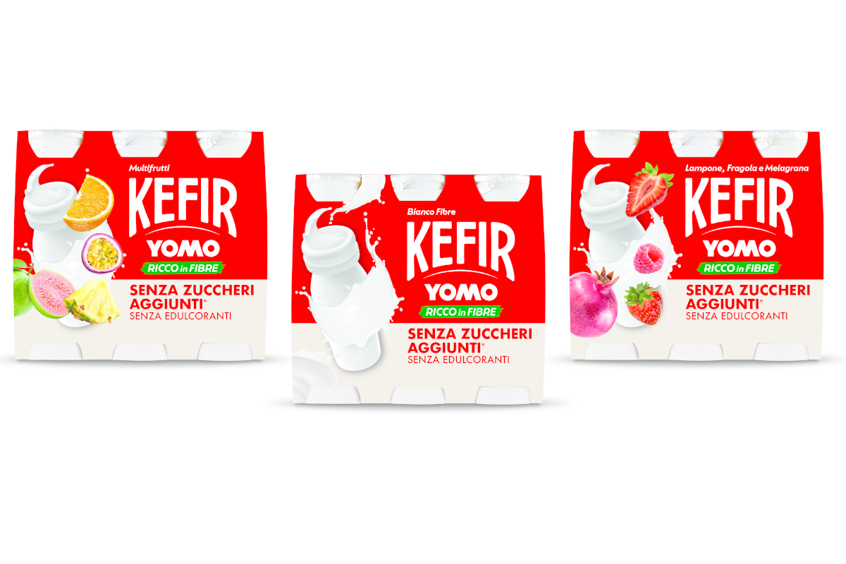 Tre confezioni Yomo Kefir senza zuccheri: multicereali, bianco fibre e lampone fragola melograno.