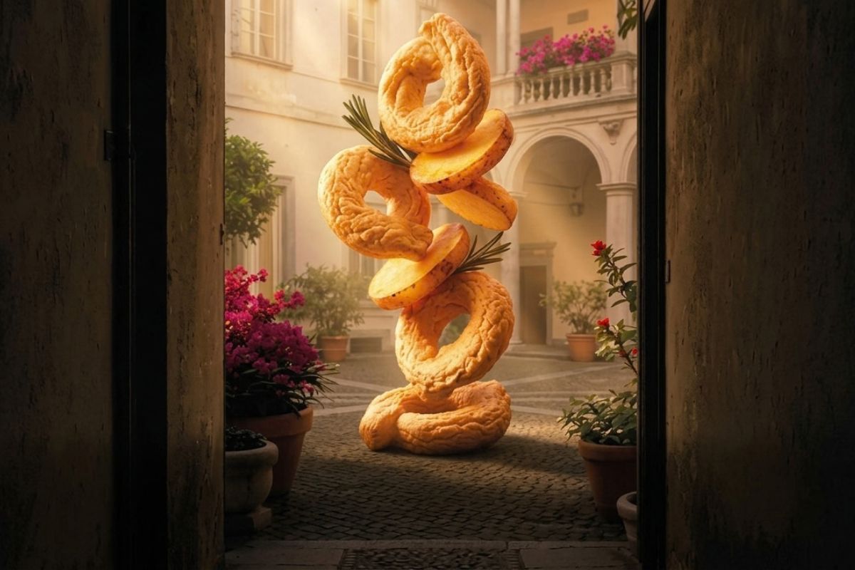 Torino, tour de Il Viaggiator Goloso: scultura di pane intrecciato in cortile storico.