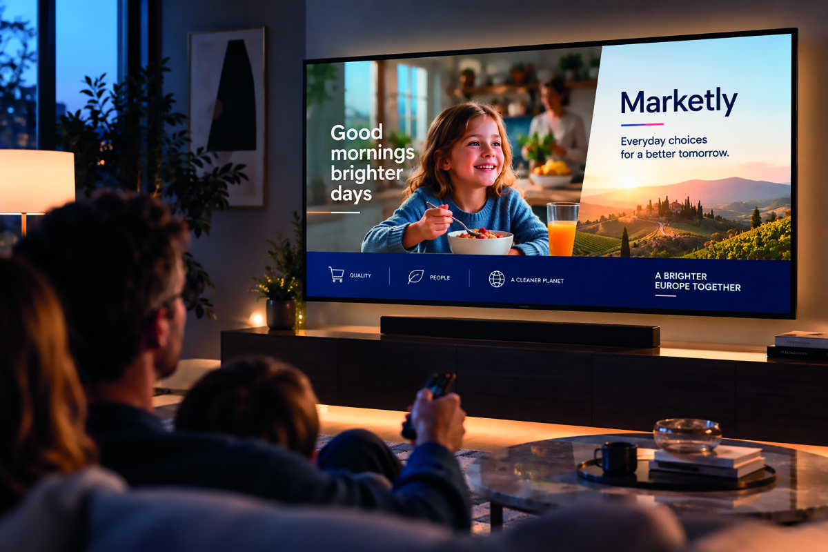 Famiglia guarda TV con pubblicità Markety: retail media internazionale nella GDO estera.