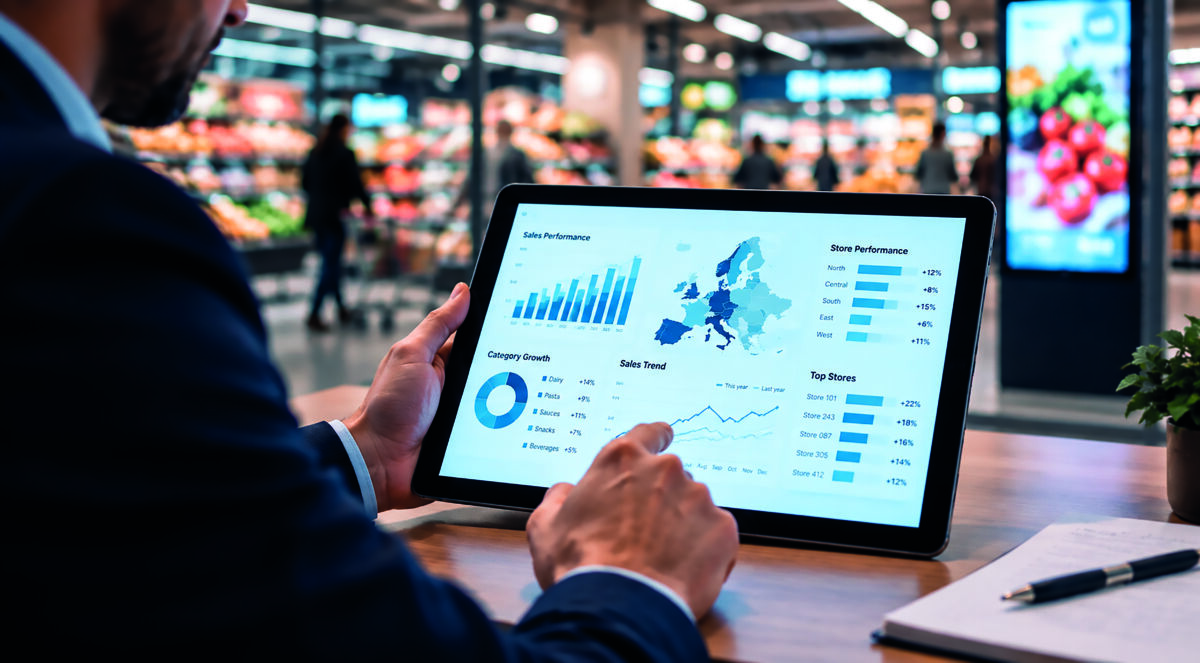 Manager analizza dati retail media su tablet in supermercato per risultati GDO estera