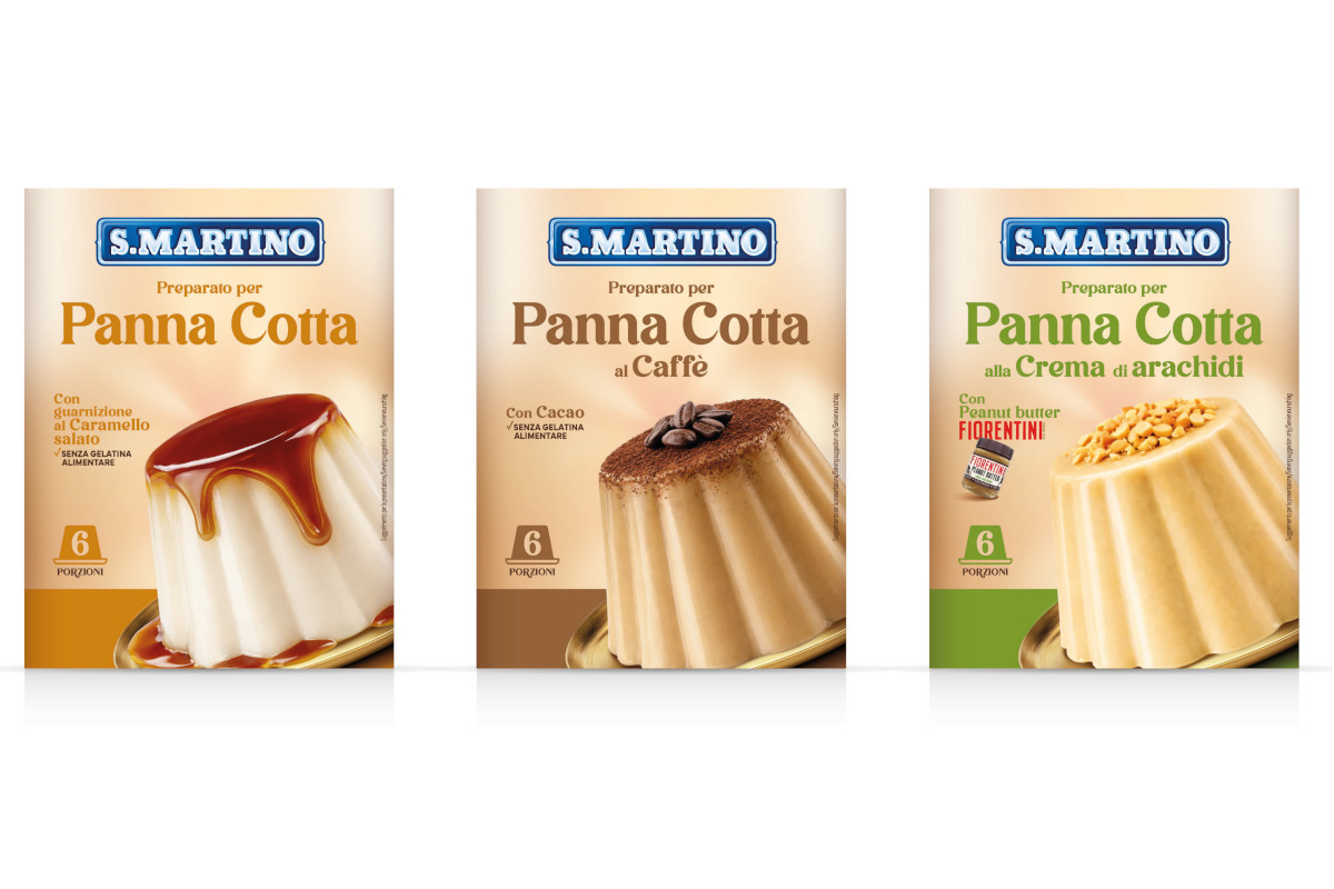 Tre confezioni S.Martino per preparare panna cotta: caramello salato, caffè e crema di arachidi. 6 porzioni.