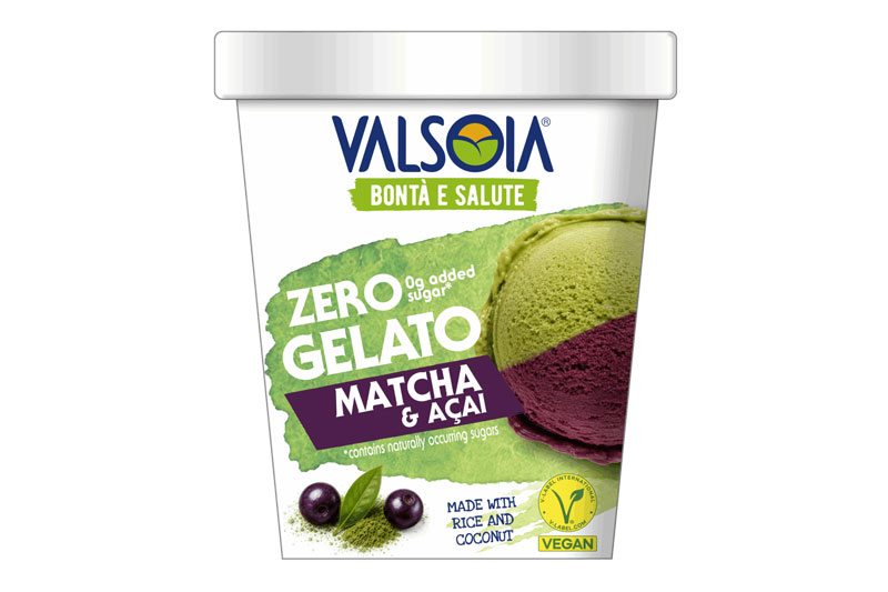 Vaso gelato vegano Valsoia Matcha e Acai, vincitore Italian Food Awards 2026, senza zuccheri aggiunti