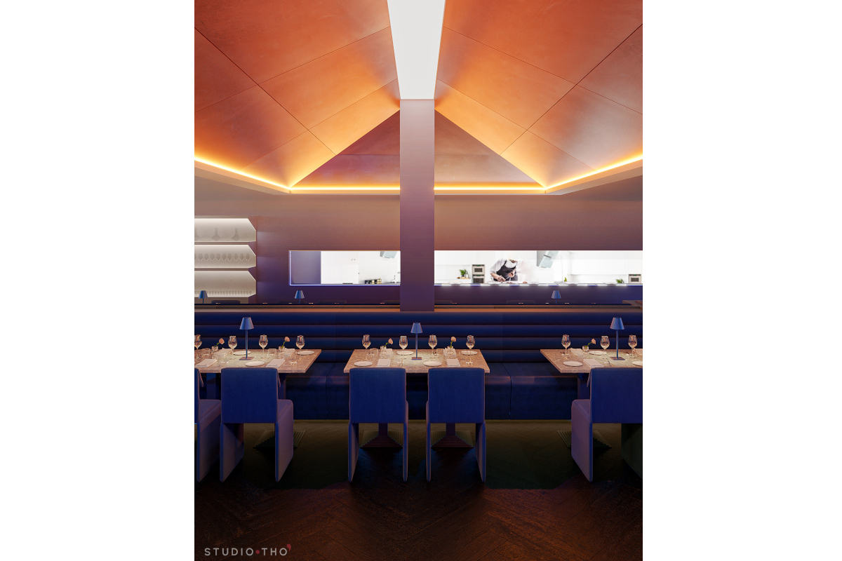 La Vetta Italian restaurant interior in Savannah. Contemporary dining room with blue seating, tables, and open kitchen view.