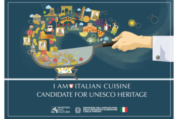 Italian Cuisine UNESCO Heritage candidate. Food, landmarks, and a chef's hand holding a pan. Italian culture.