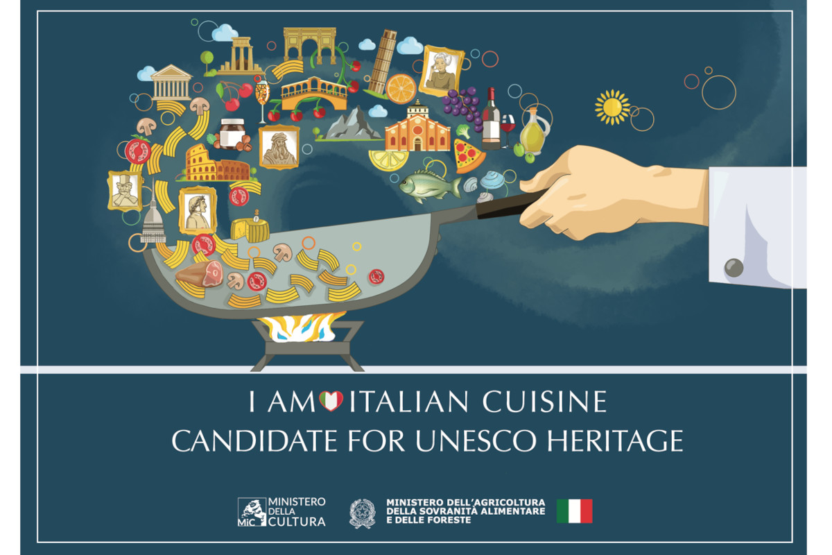 Italian Cuisine UNESCO Heritage candidate. Food, landmarks, and a chef's hand holding a pan. Italian culture.