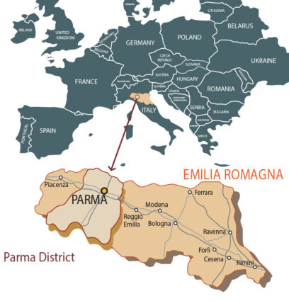 Map of Parma, Italy's Food Valley district in Emilia Romagna region. Food tourism destination.