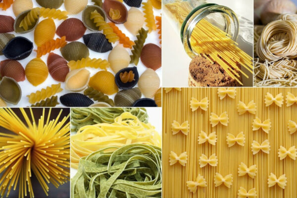 Assorted Italian pasta collage. Varieties include spaghetti, farfalle, conchiglie, fusilli, and tagliatelle. Italian food concept.