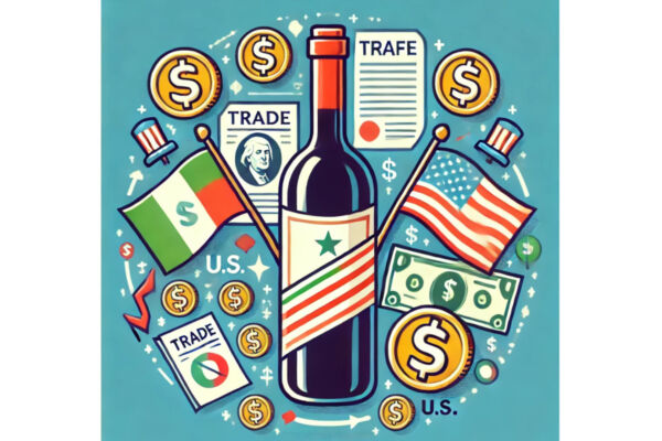 Italian wine trade war illustration. Wine bottle, US & Italy flags, money, trade documents, and dollar signs. - tariffs