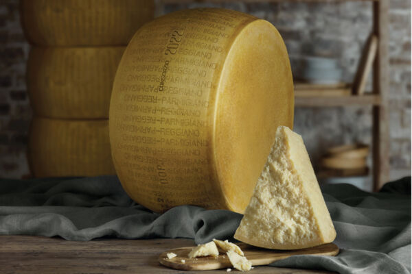 Parmigiano Reggiano cheese wheel and wedge. Italian cheese for Summer Fancy Food Show.