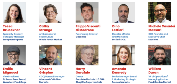 Italian Food Awards USA 2025 jury of experts. Headshots of judges: chefs, food buyers, grocery category managers, and market owners.